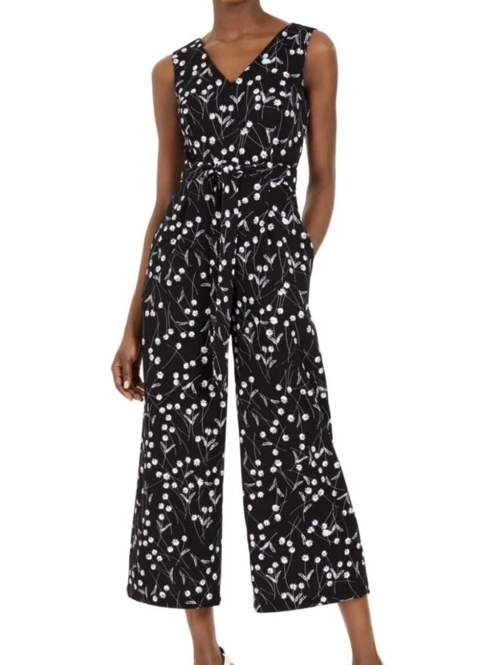 Calvin Klein Floral Jumpsuit Black White Sleeveless V-Neck Belted Womens 8